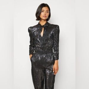 Scotch & Soda Metallic Gathered Jumpsuit S Silver Neck Tie Puff Sleeve